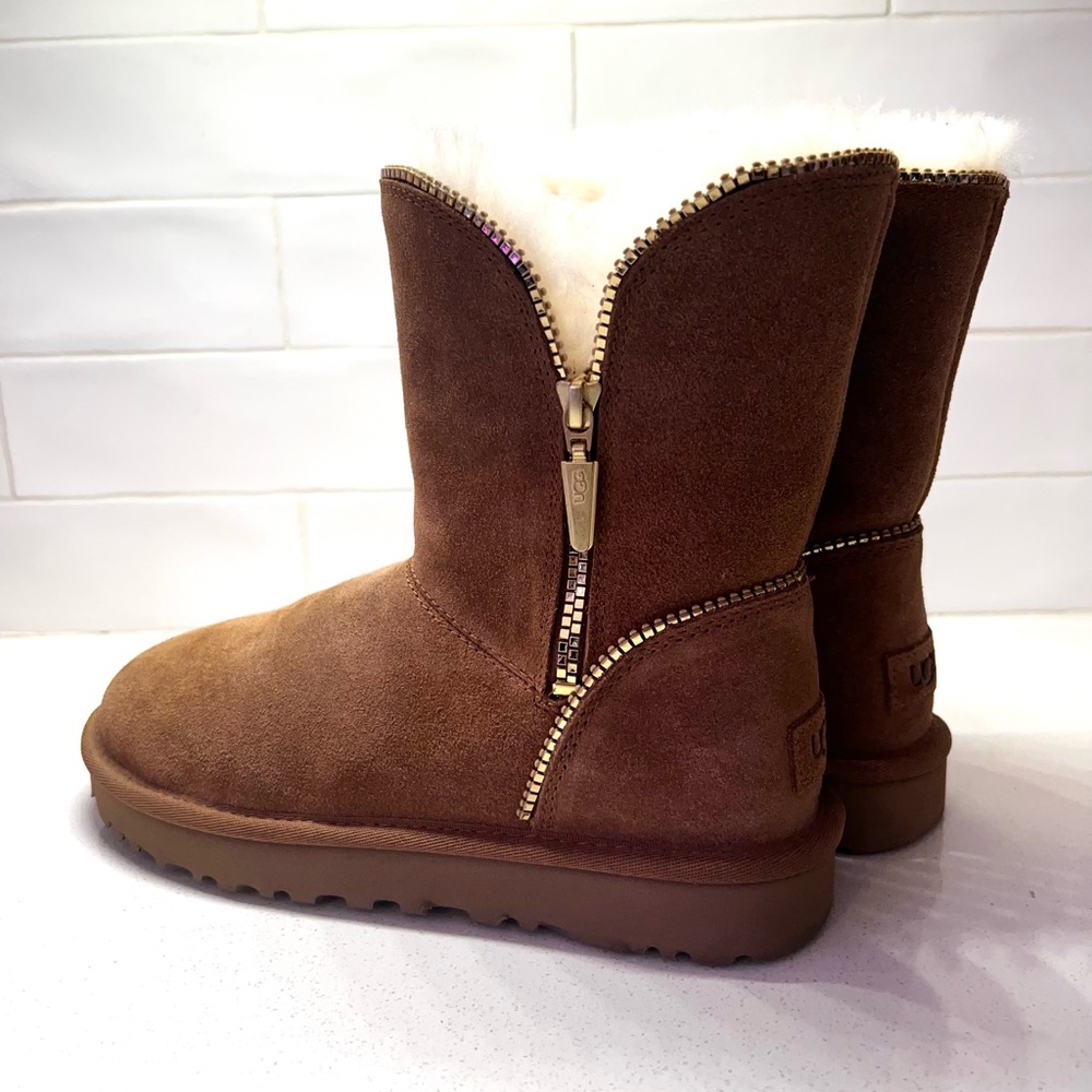 UGG Women’s Florence suede and shearling mid-calf boot, size 7 brown/gold NWT